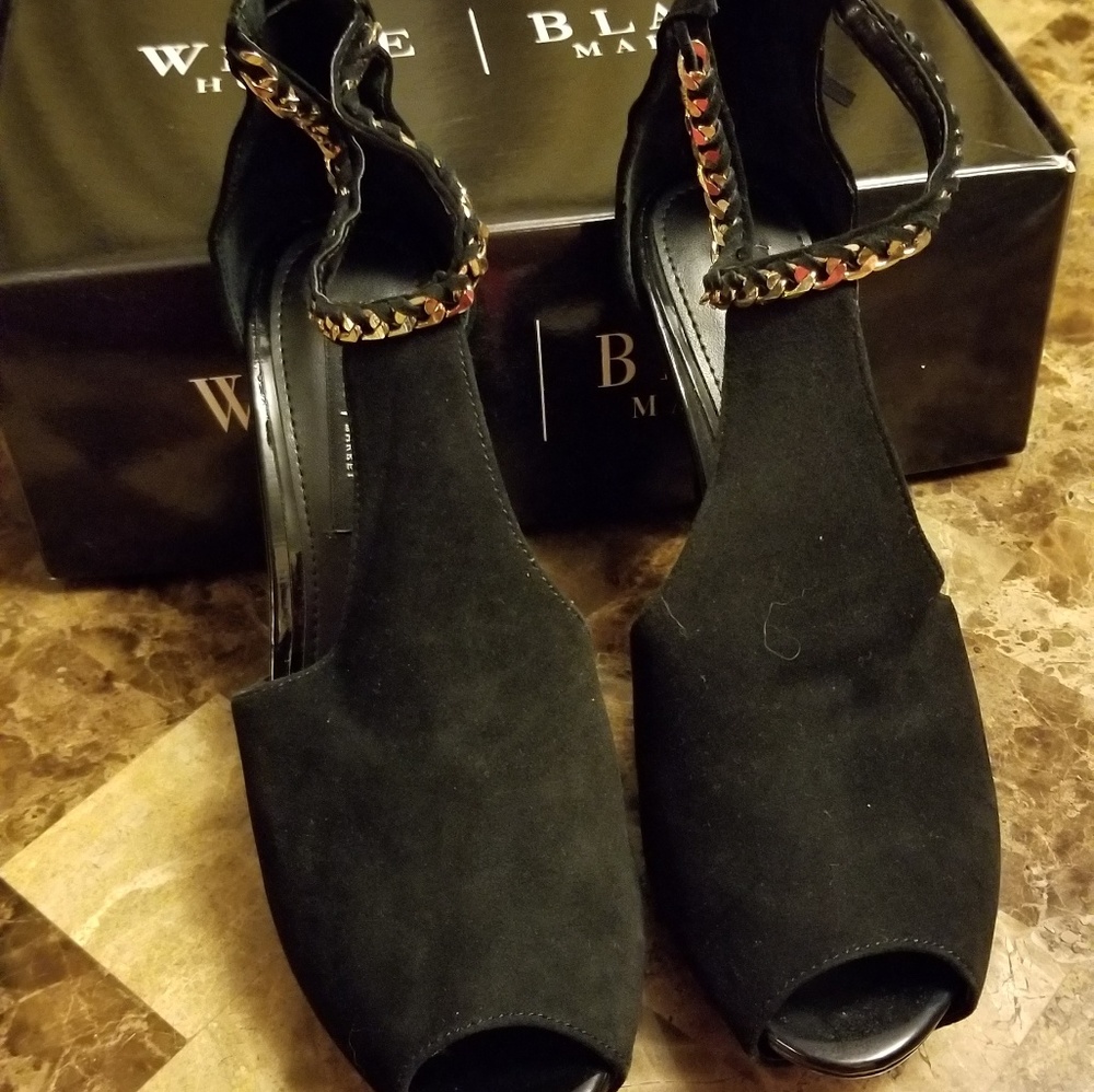 Black suede peep toe ankle strap heels